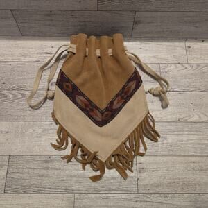 Bloom Brothers Co USA Leather Fringe Drawstring Pouch Western Aztec